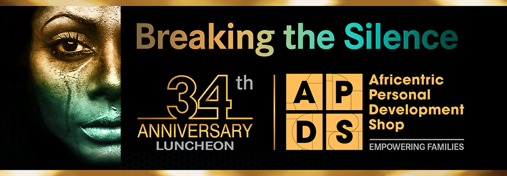 APDS 34th-Anniversary Banner with Breaking The Silence on Domestic Violence branding