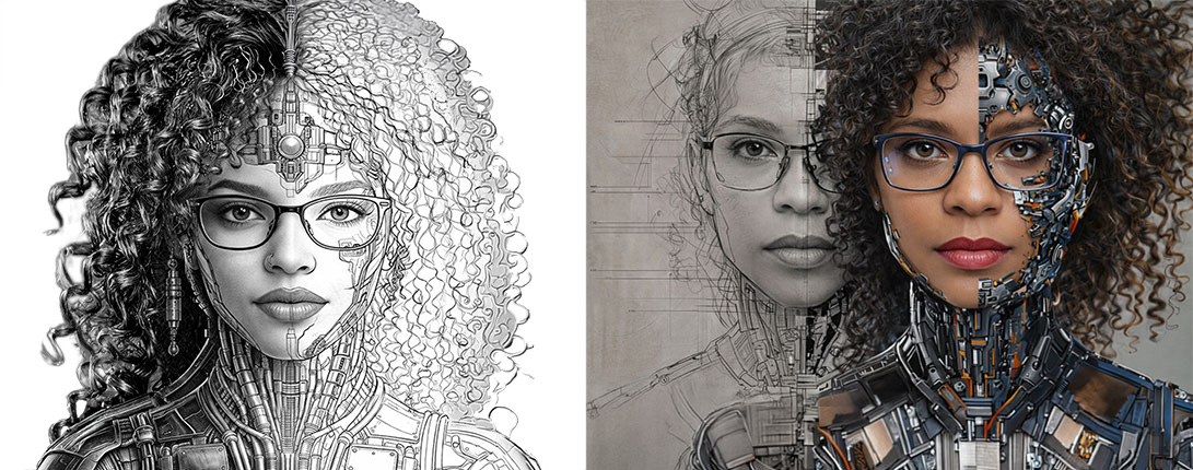 Final split-face cybernetic portrait as used on new portfolio site and LinkedIn