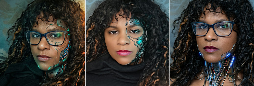 Photorealistic cyborg portrait direction explorations from Firefly