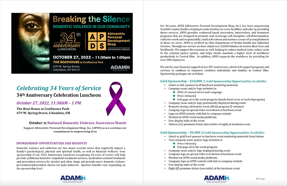 APDS anniversary luncheon sponsorship proposal introduction and sponsorship levels, with contribution amounts and sponsor benefits.