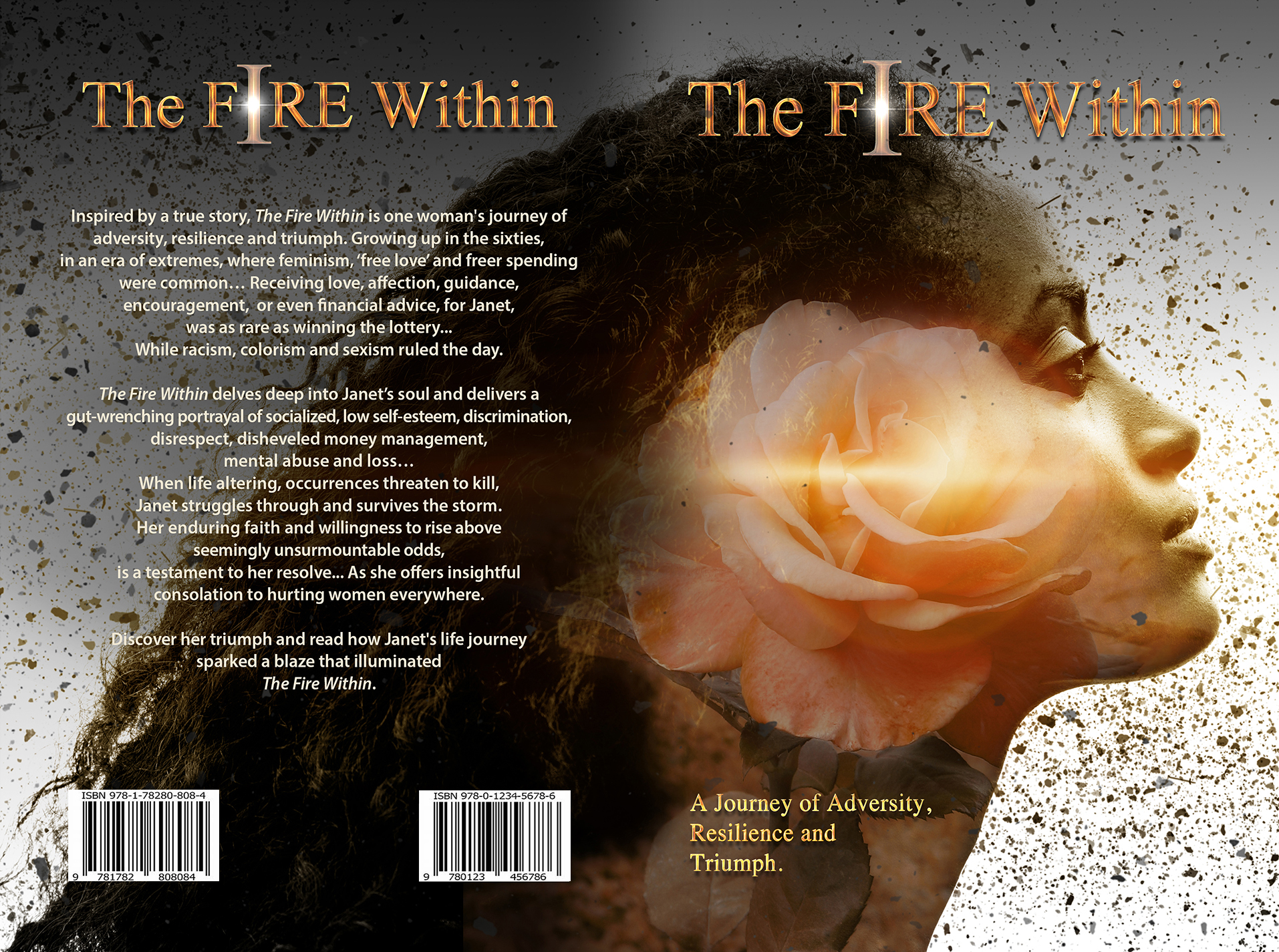The Fire Within selected cover concept, showing front and back covers against a black-and-gray background.