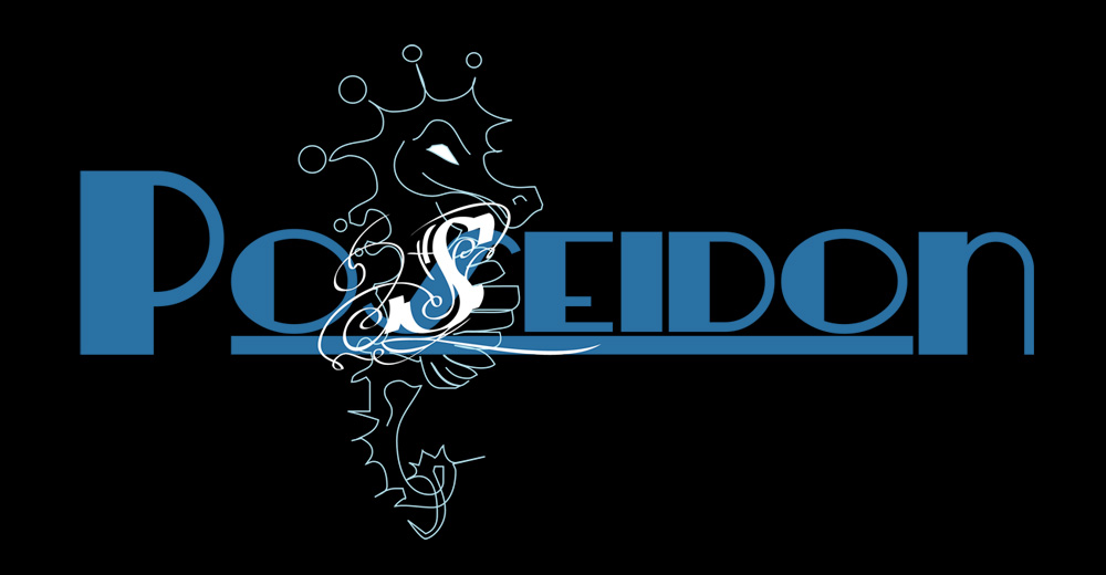 Poseidon Hotel primary logo and seahorse hospitality identity