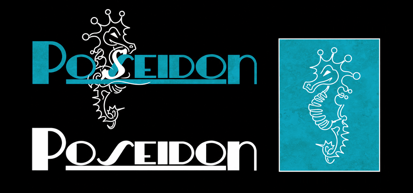 Poseidon Hotel logo explorations and seahorse identity mark
