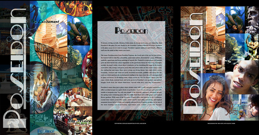 Poseidon Hotel flyer and promotional design with bubbles and aquatic imagery
