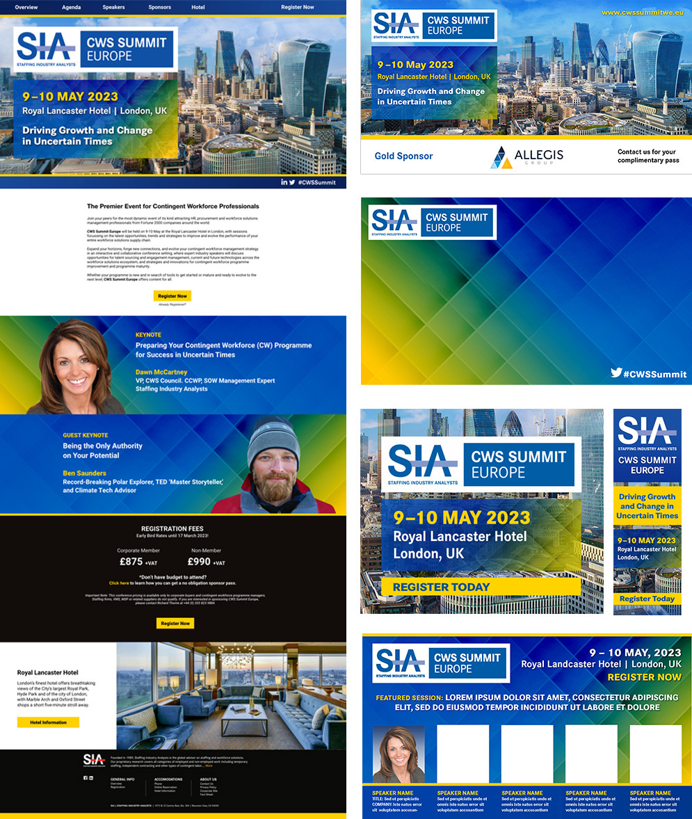 CWS Summit Europe website, sponsor badge, streaming background, microsite slide, skyscraper ad, and speaker template