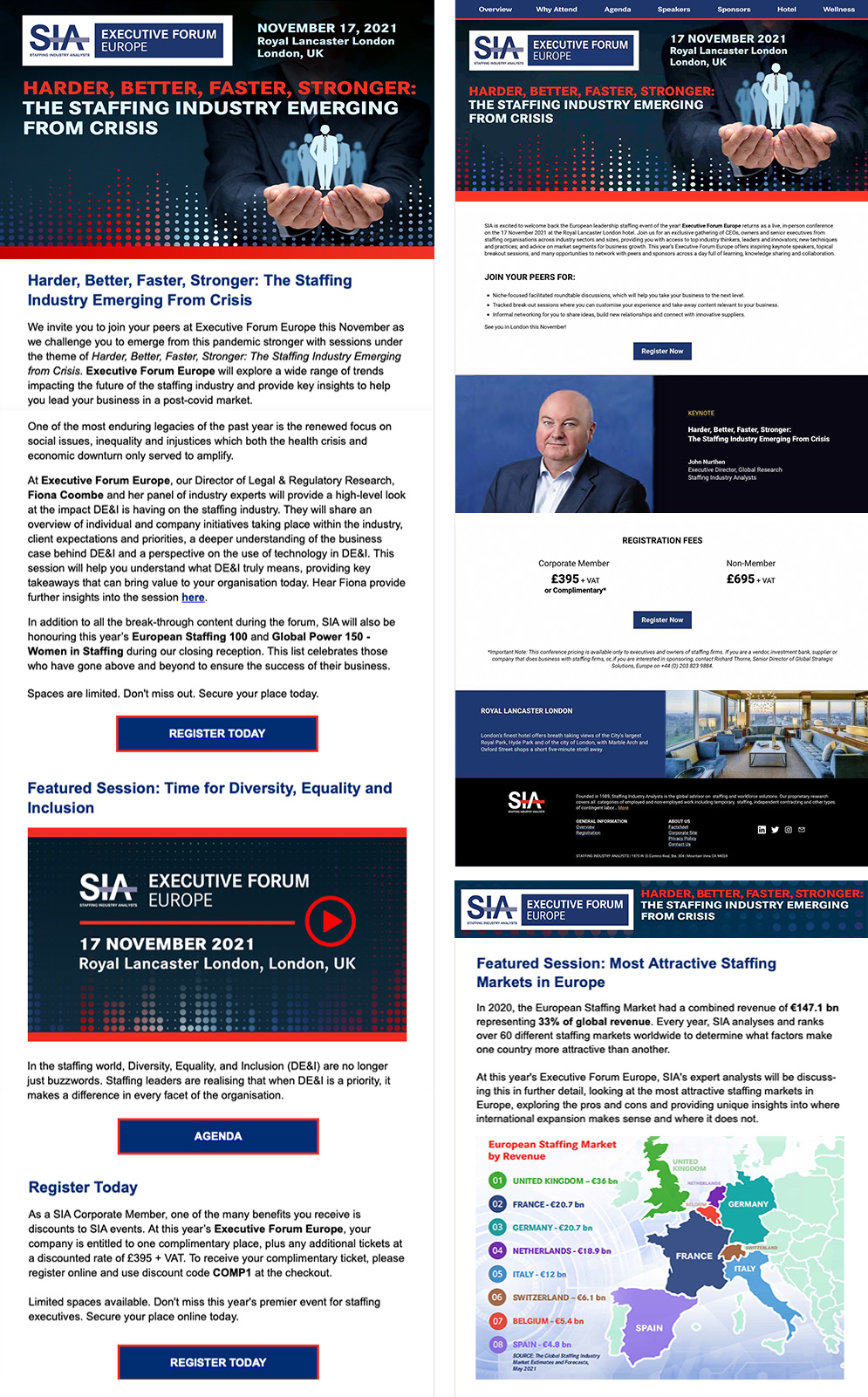 Executive Forum Europe conference website pages presenting event information, speakers, registration, and supporting content.