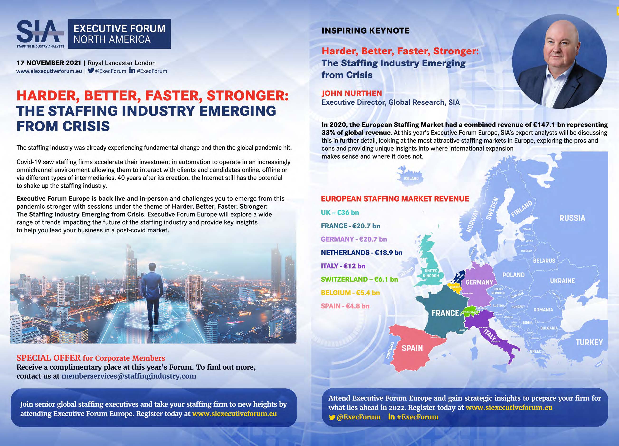 Alternative print advertisement featuring the conference theme, keynote promotion, European staffing market information, and city imagery.