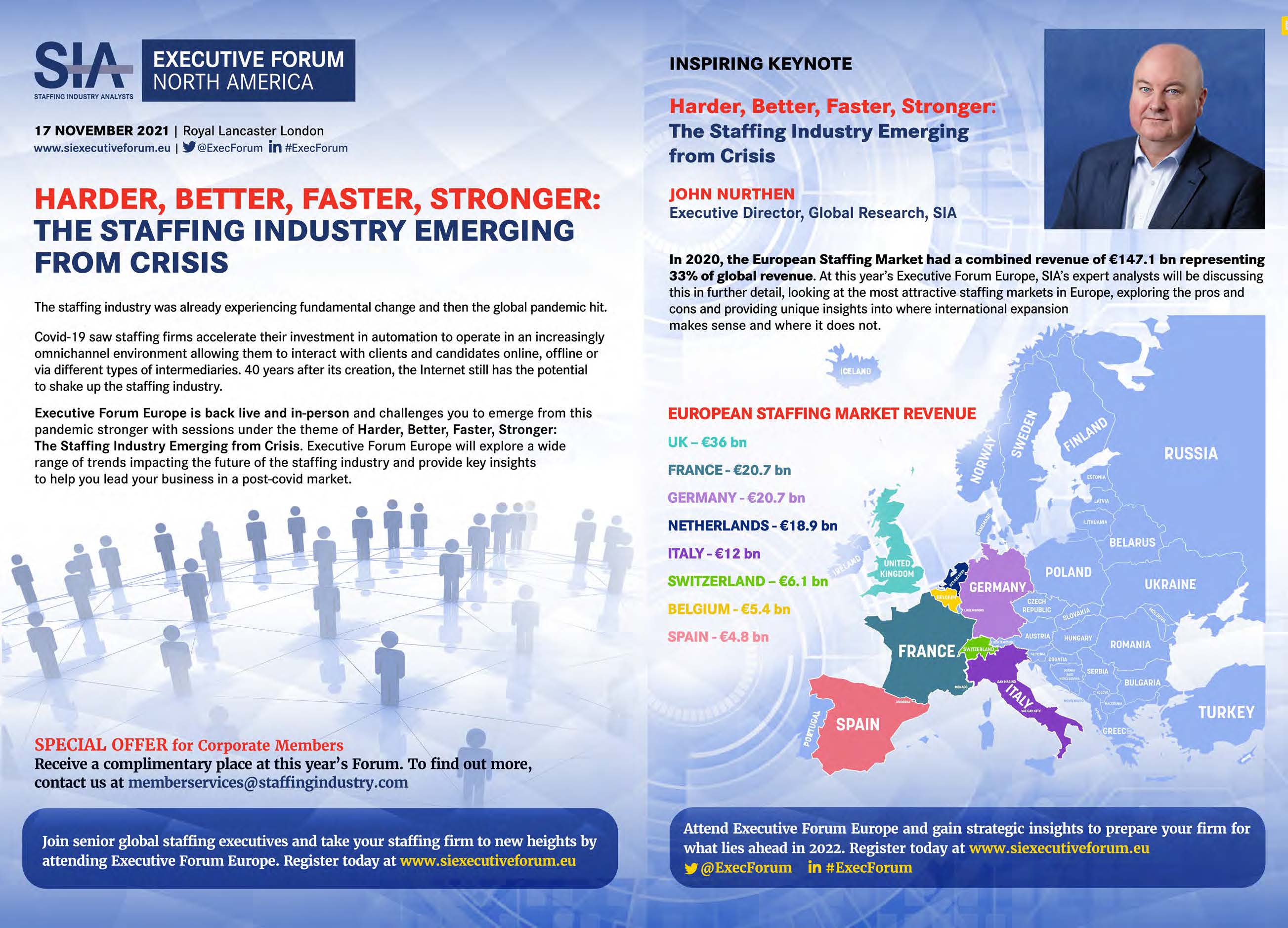 Print advertisement featuring the conference theme, keynote promotion, European staffing market information, and workforce imagery.