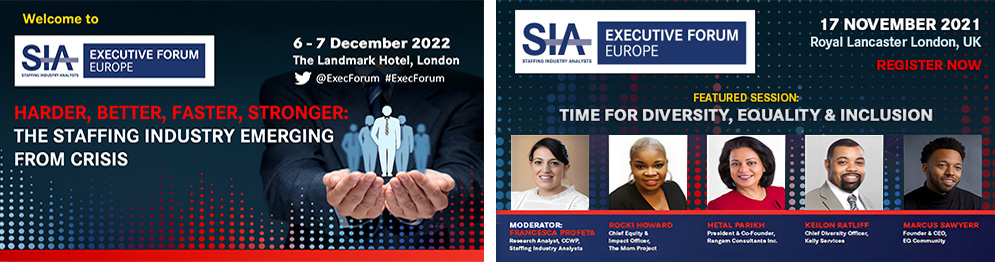 Executive Forum Europe welcome presentation slide and five-speaker web badge promoting the diversity, equality, and inclusion session.