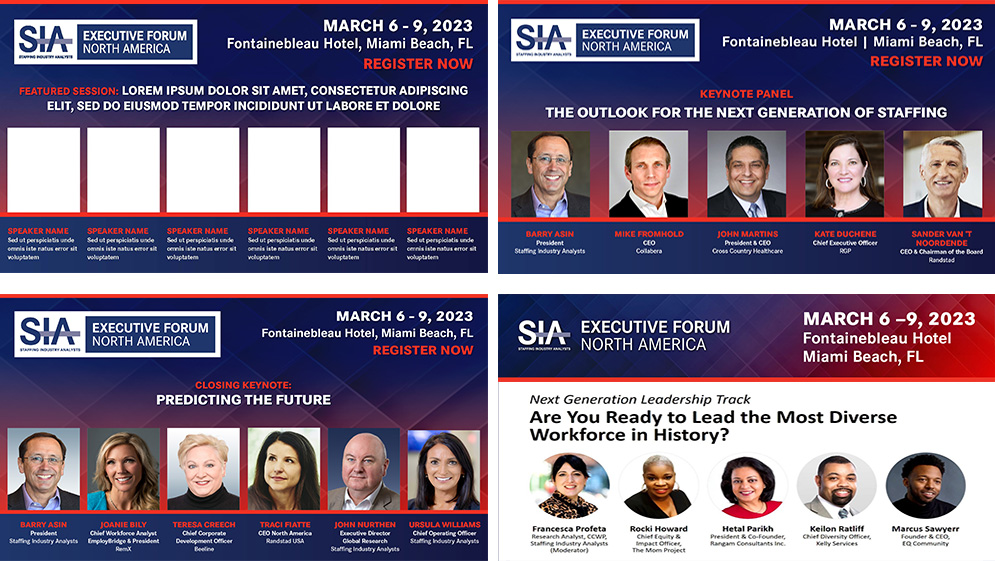 Speaker Social Campaign. Speaker portraits and session topics turn the program into a series of focused social graphics. Flexible layouts accommodate panels of different sizes while keeping the conference details easy to locate.
