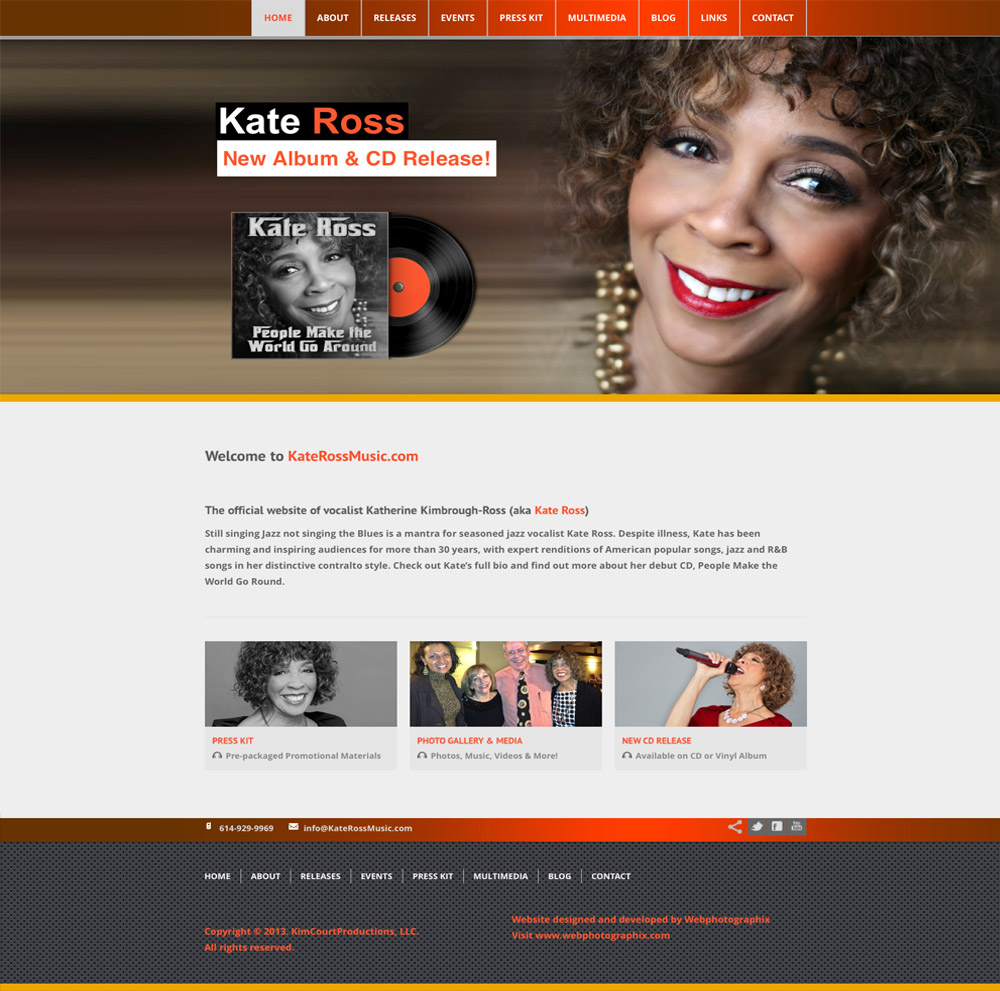 Kate Ross music website feature layout.